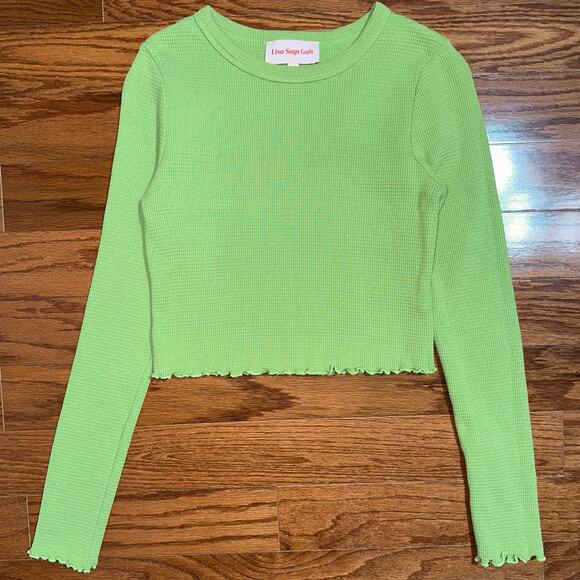 Lisa Says Gah Lola Long Sleeve Green Cropped Thermal Shirt Size Small - Picture 9 of 14